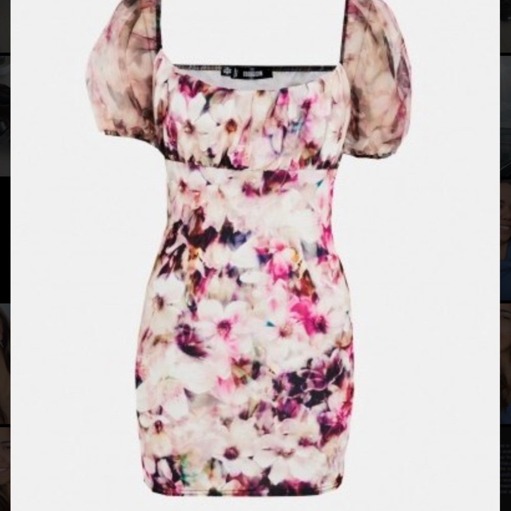 missguided floral organza ruched bust mini dress
